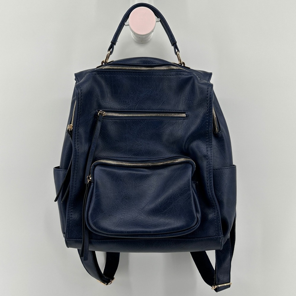 Navy Blue Faux Leather Adjustable Top Handle Backpack Travel School Commuter Bag